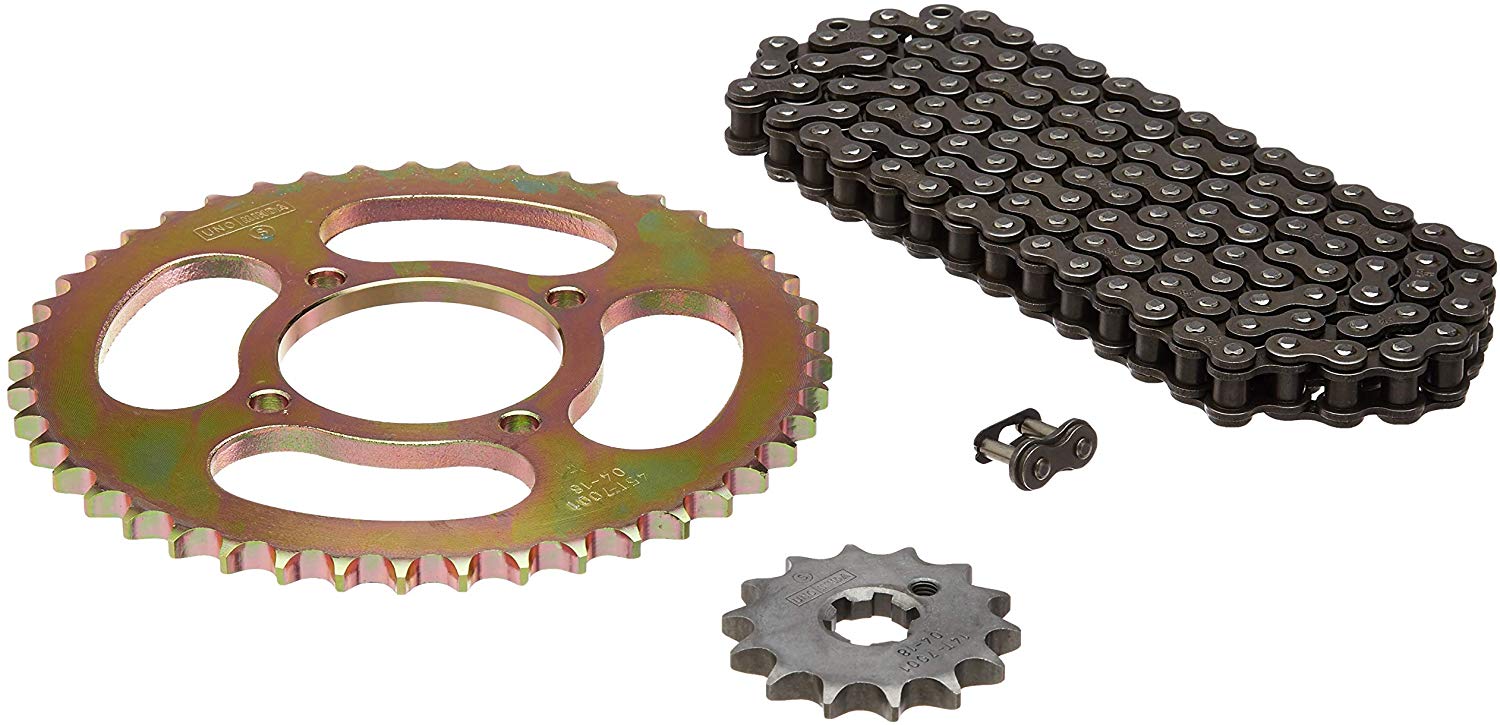 Uno Minda CH-7002 Quadra Rivet Chain & Alloy Steel Hardened Sprockets Chain & Sprocket Kit - R428 SIZE-118L / 14T / 45T(4H) For Yamaha Libero, G5, Alba, YBR 110CC 